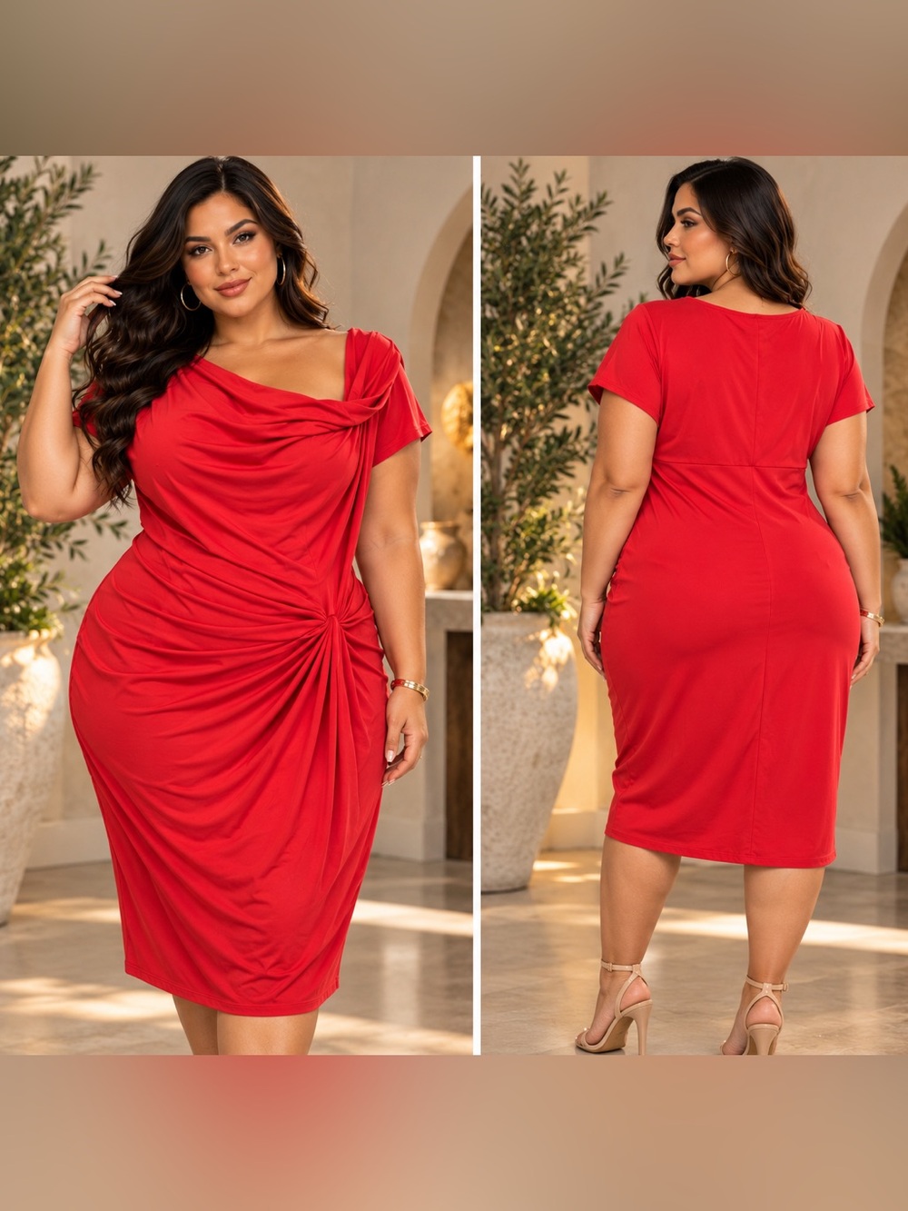 Michael Kors Red Asymmetric Cowl Neck Ruched Knot Midi Dress Plus Size 2X